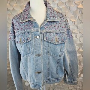 Pink Embellished Gem Studded Denim Jacket Size S